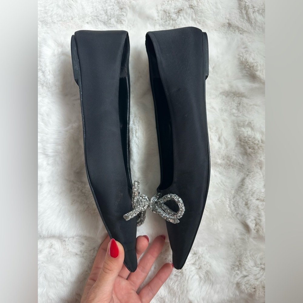 ZARA Black Pointed Toe Embellished Bow Flats - Picture 5 of 7